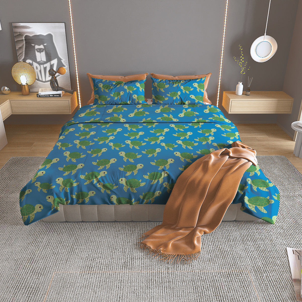 Turtle Cartoon Print Pattern Duvet Cover Bedding Set-grizzshop