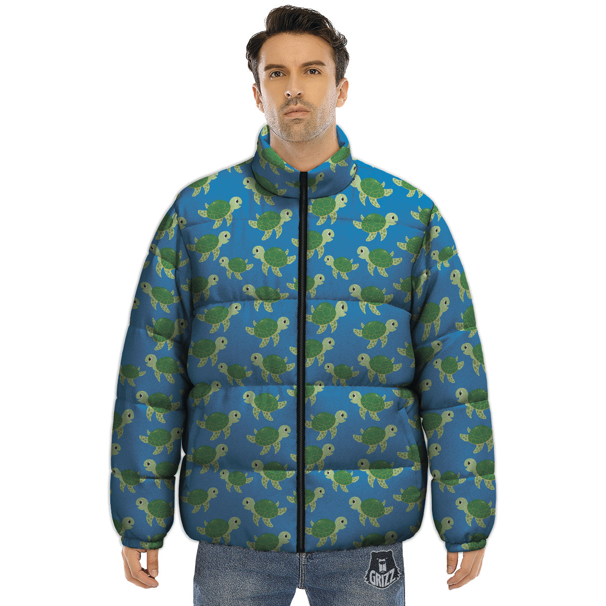 Turtle Cartoon Print Pattern Puffer Jacket-grizzshop