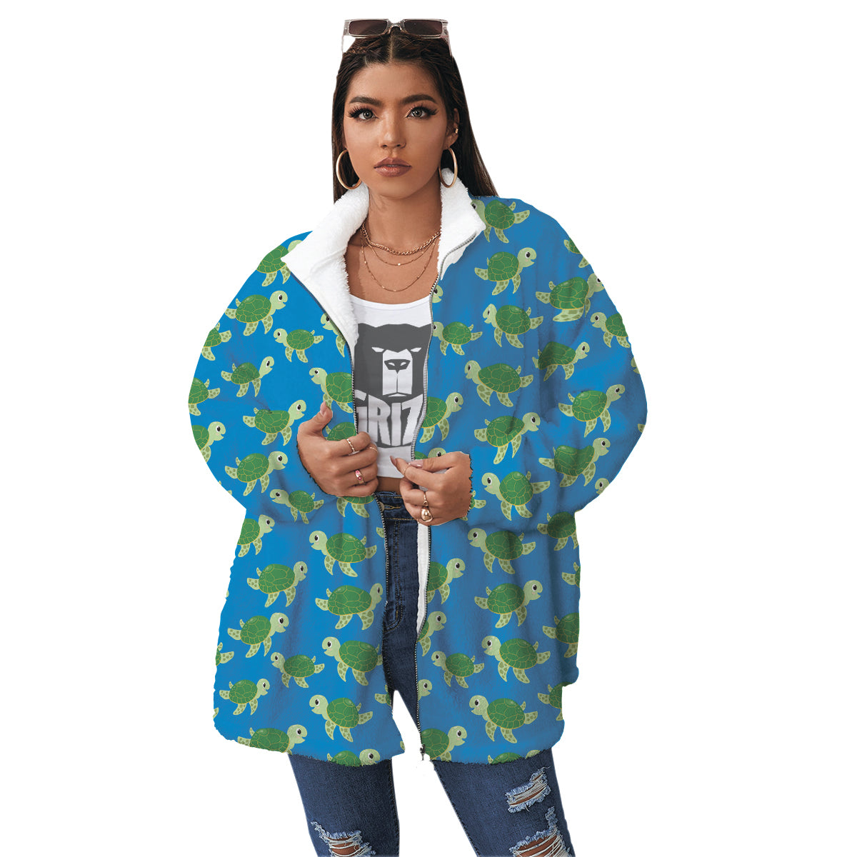 Turtle Cartoon Print Pattern Women's Sherpa Jacket-grizzshop