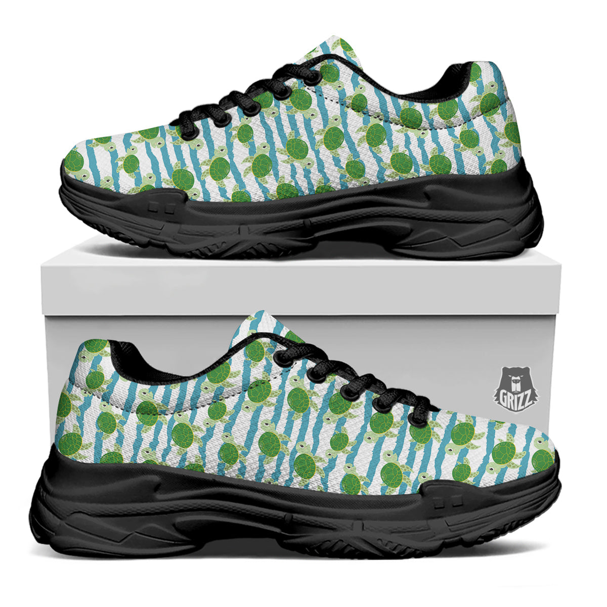 Turtle Cute Sea Print Pattern Black Chunky Shoes-grizzshop
