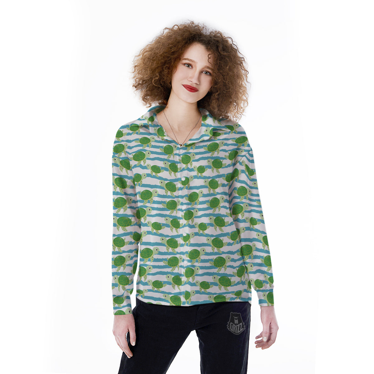 Turtle Cute Sea Print Pattern Women's Long Sleeve Shirts-grizzshop