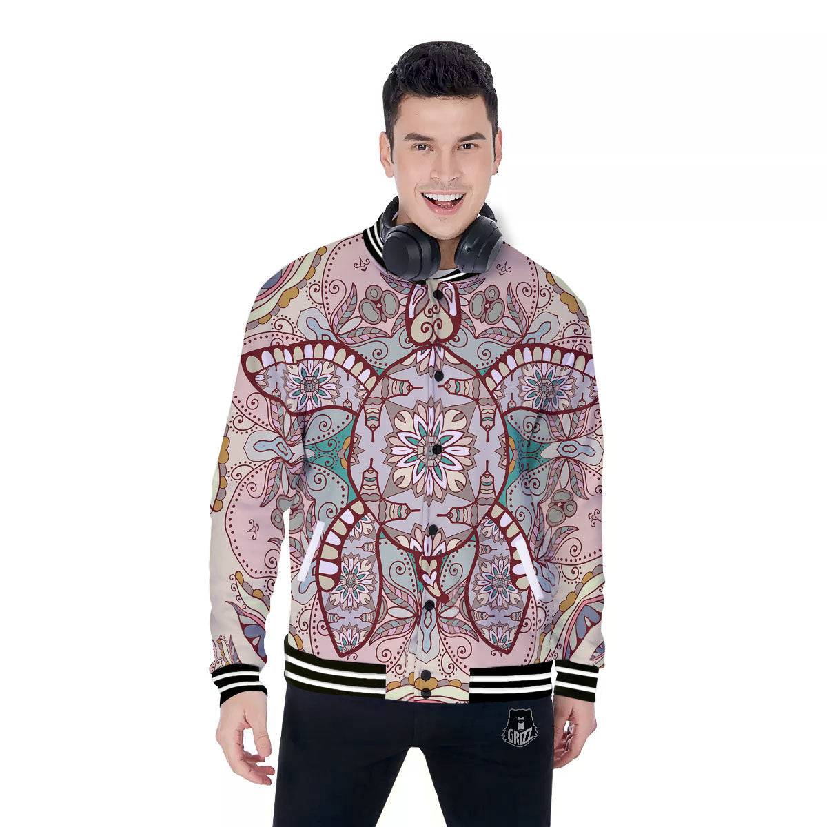 Turtle Polynesian Sea Print Baseball Jacket-grizzshop