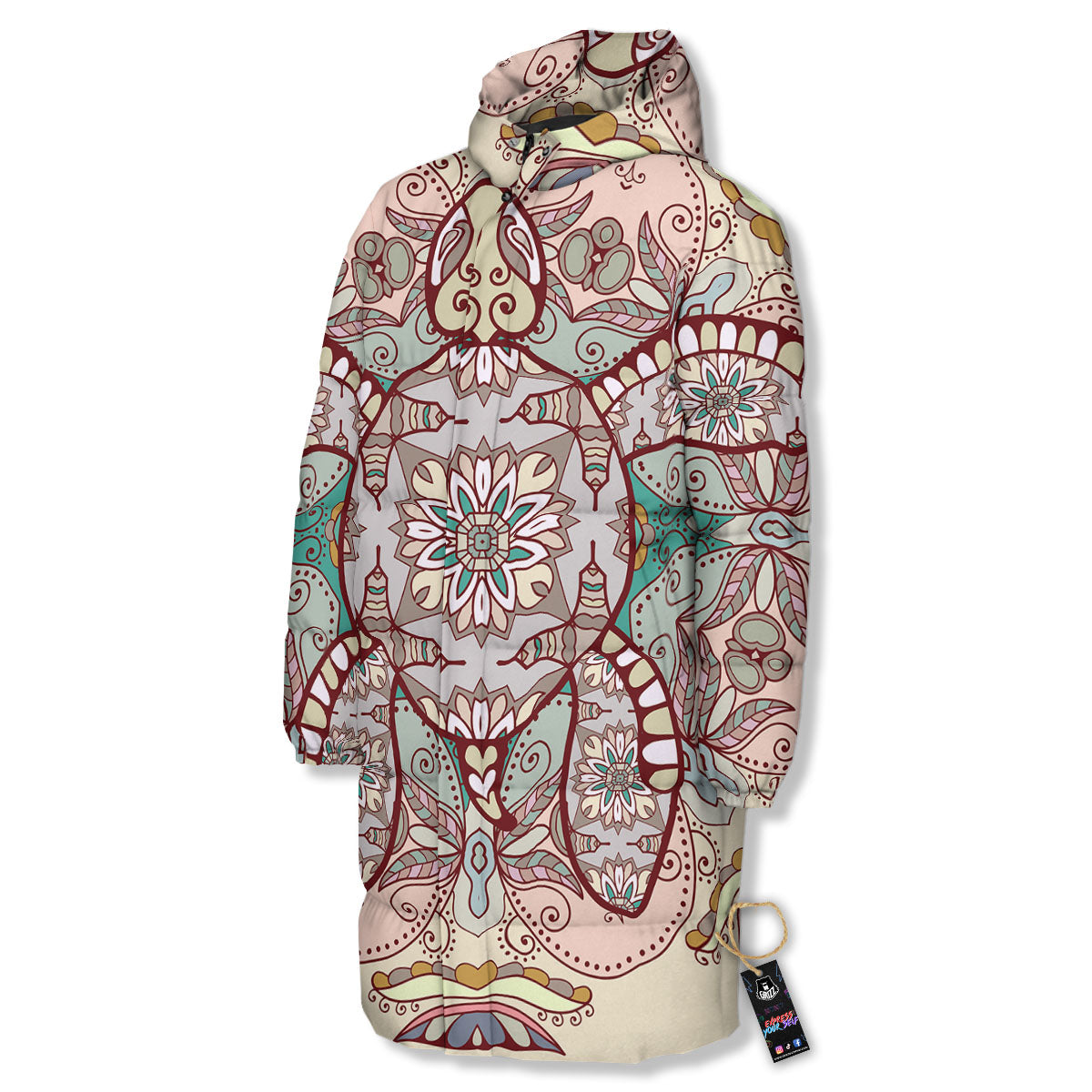 Turtle Polynesian Sea Print Long Down Jacket-grizzshop