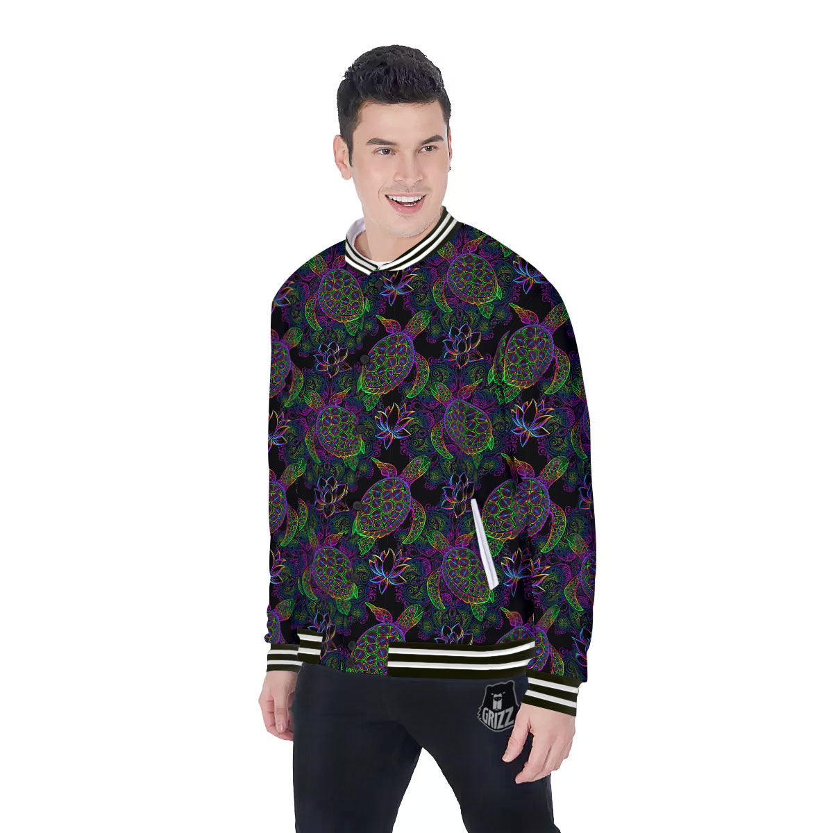 Turtle Sea Psychedelic Print Pattern Baseball Jacket-grizzshop