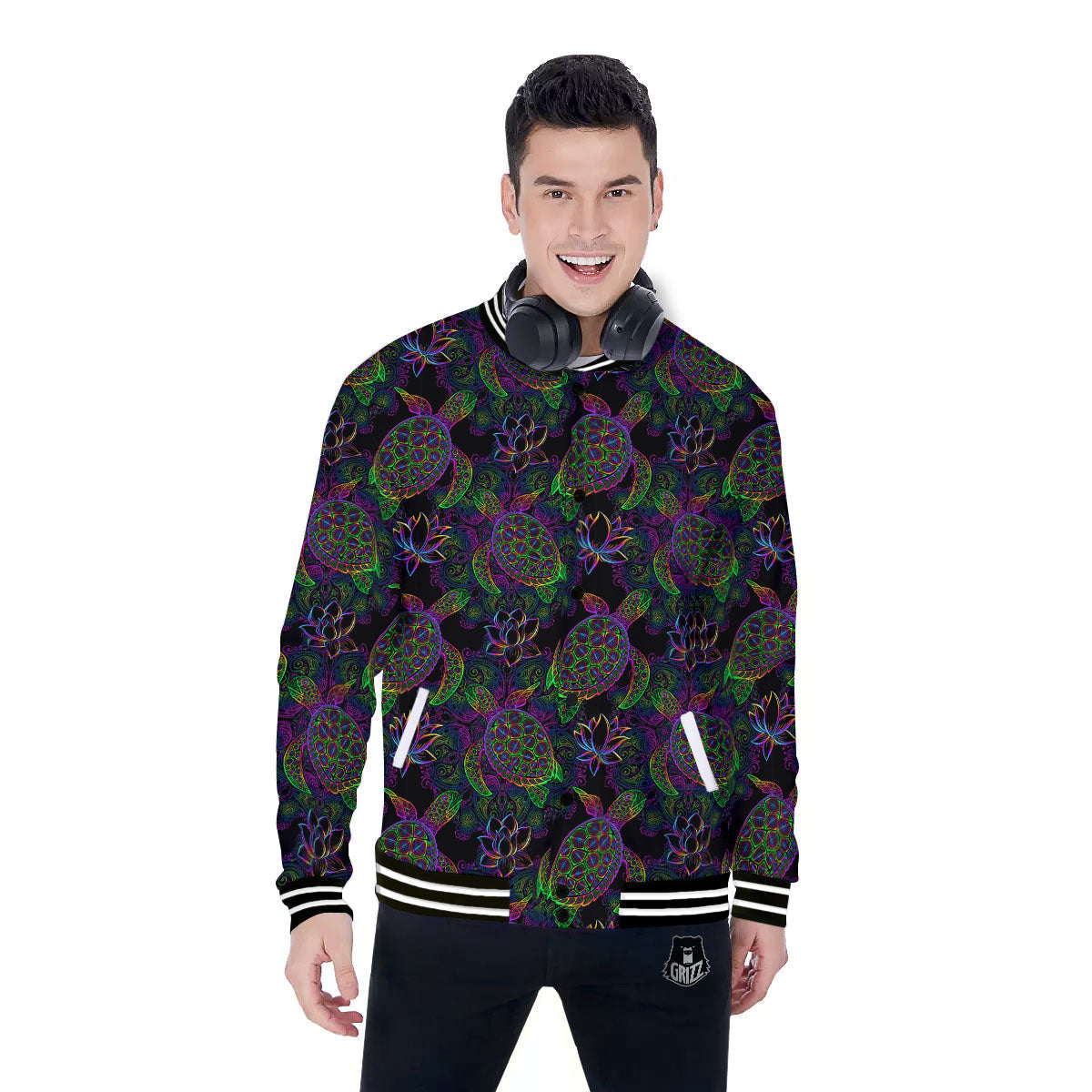 Turtle Sea Psychedelic Print Pattern Baseball Jacket-grizzshop