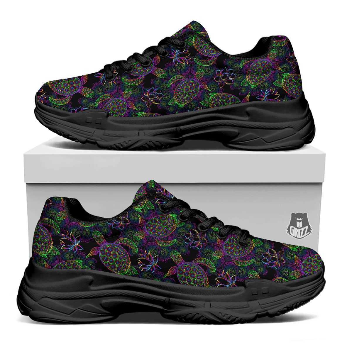 Turtle Sea Psychedelic Print Pattern Black Chunky Shoes-grizzshop