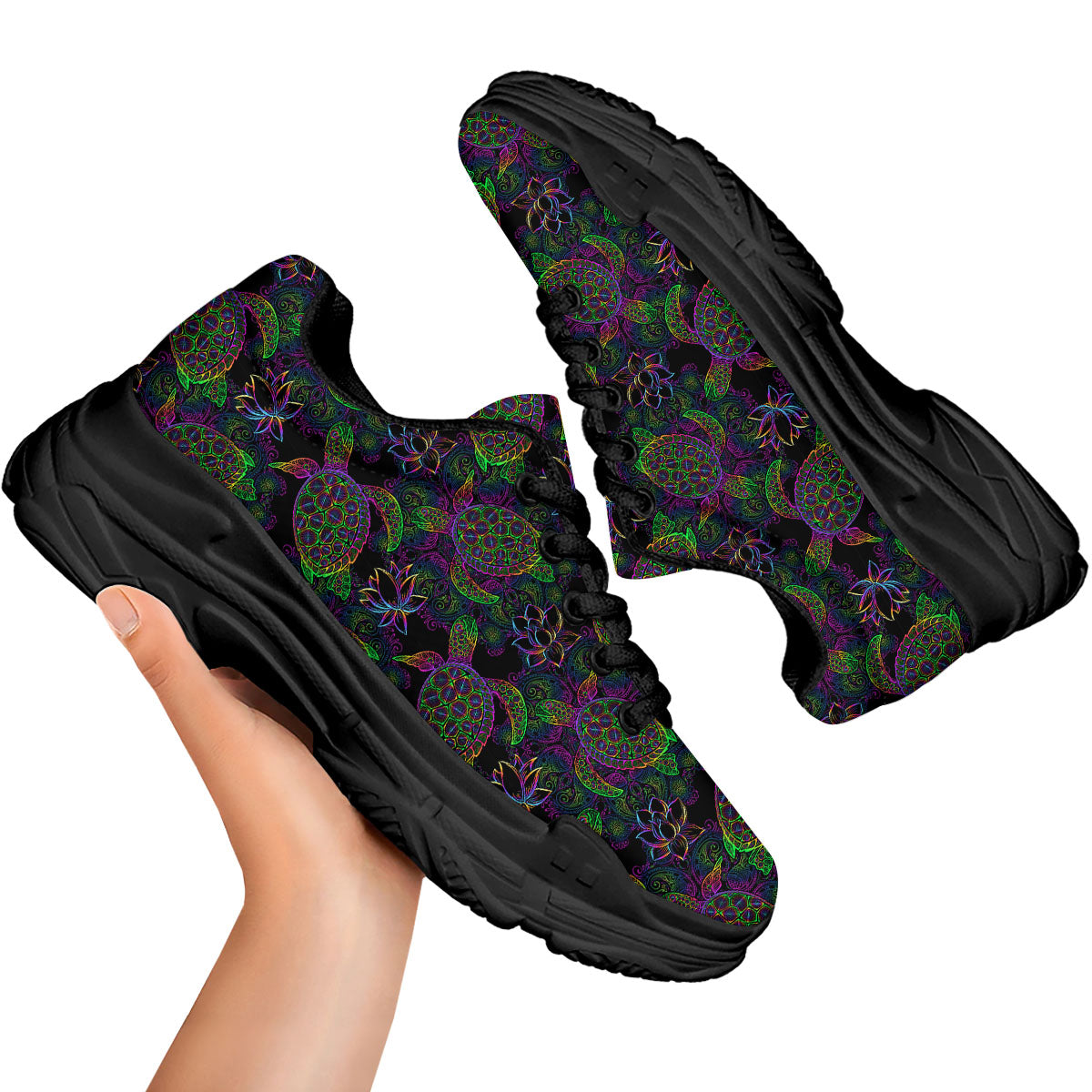 Turtle Sea Psychedelic Print Pattern Black Chunky Shoes-grizzshop