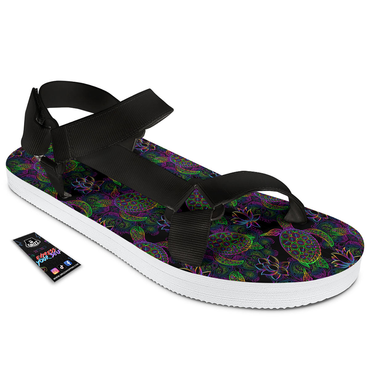 Turtle Sea Psychedelic Print Pattern Black Open Toe Sandals-grizzshop