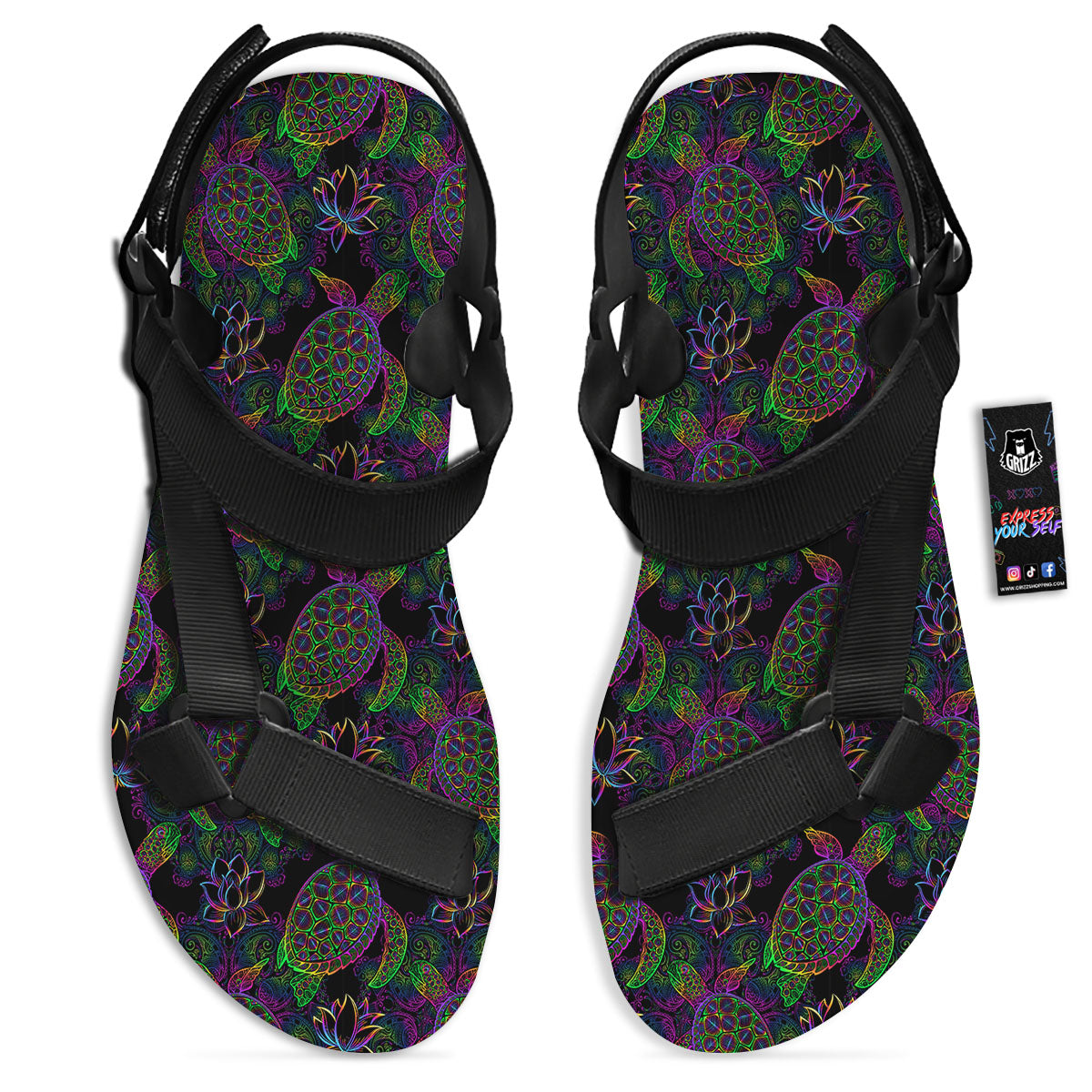 Turtle Sea Psychedelic Print Pattern Black Open Toe Sandals-grizzshop