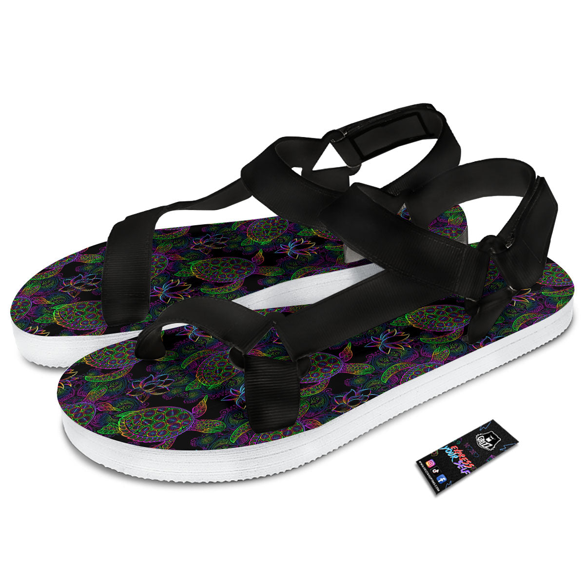Turtle Sea Psychedelic Print Pattern Black Open Toe Sandals-grizzshop