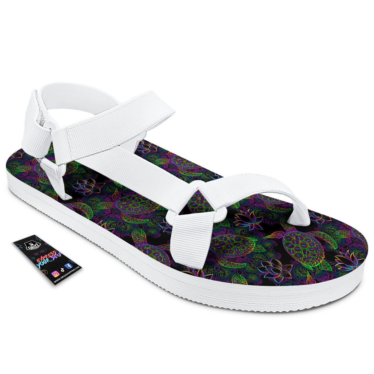 Turtle Sea Psychedelic Print Pattern White Open Toe Sandals-grizzshop