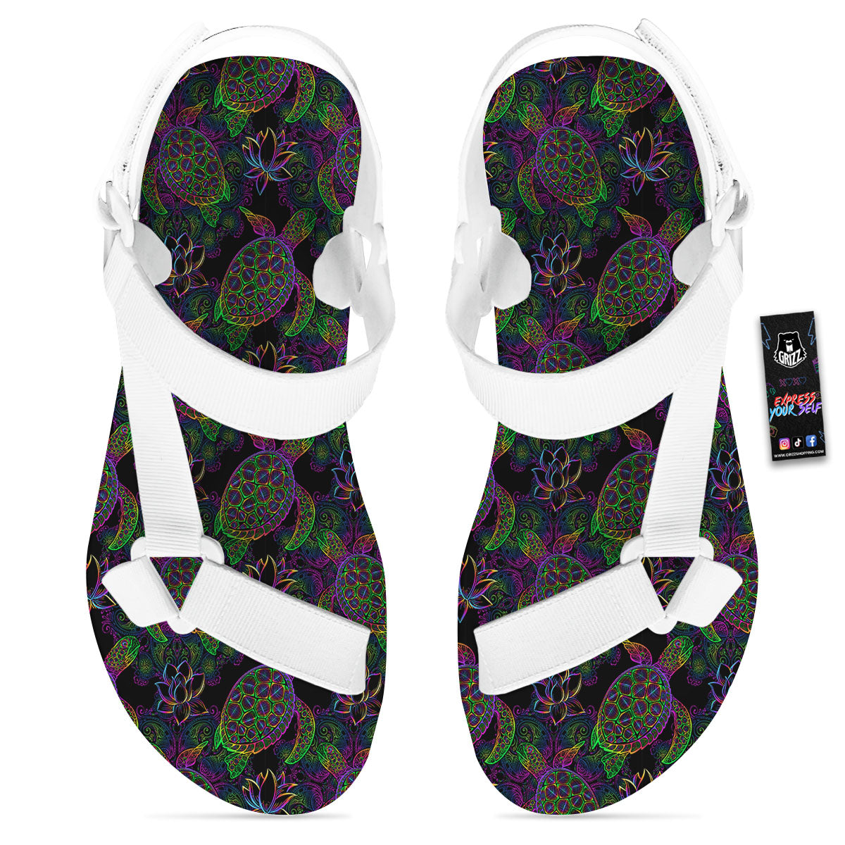 Turtle Sea Psychedelic Print Pattern White Open Toe Sandals-grizzshop