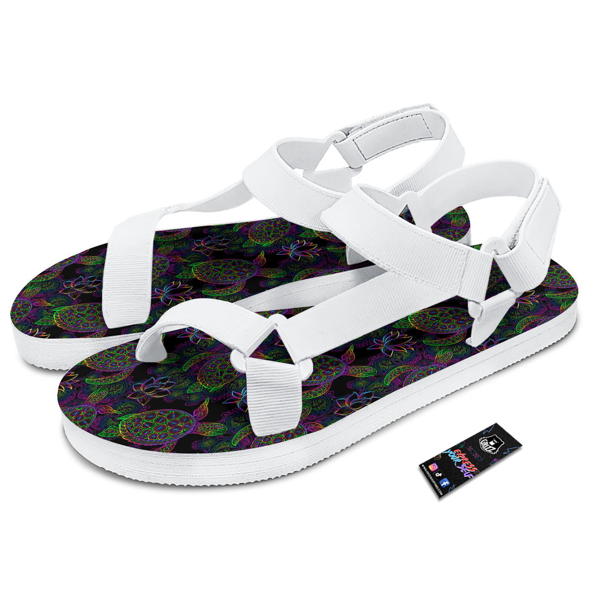 Turtle Sea Psychedelic Print Pattern White Open Toe Sandals-grizzshop