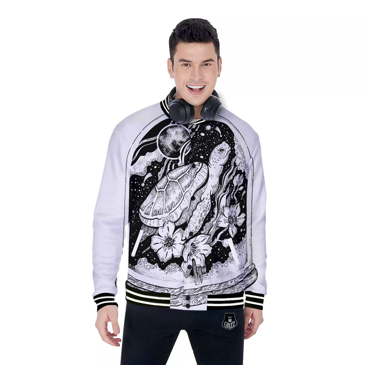 Turtle Sea Zentangle Print Baseball Jacket-grizzshop