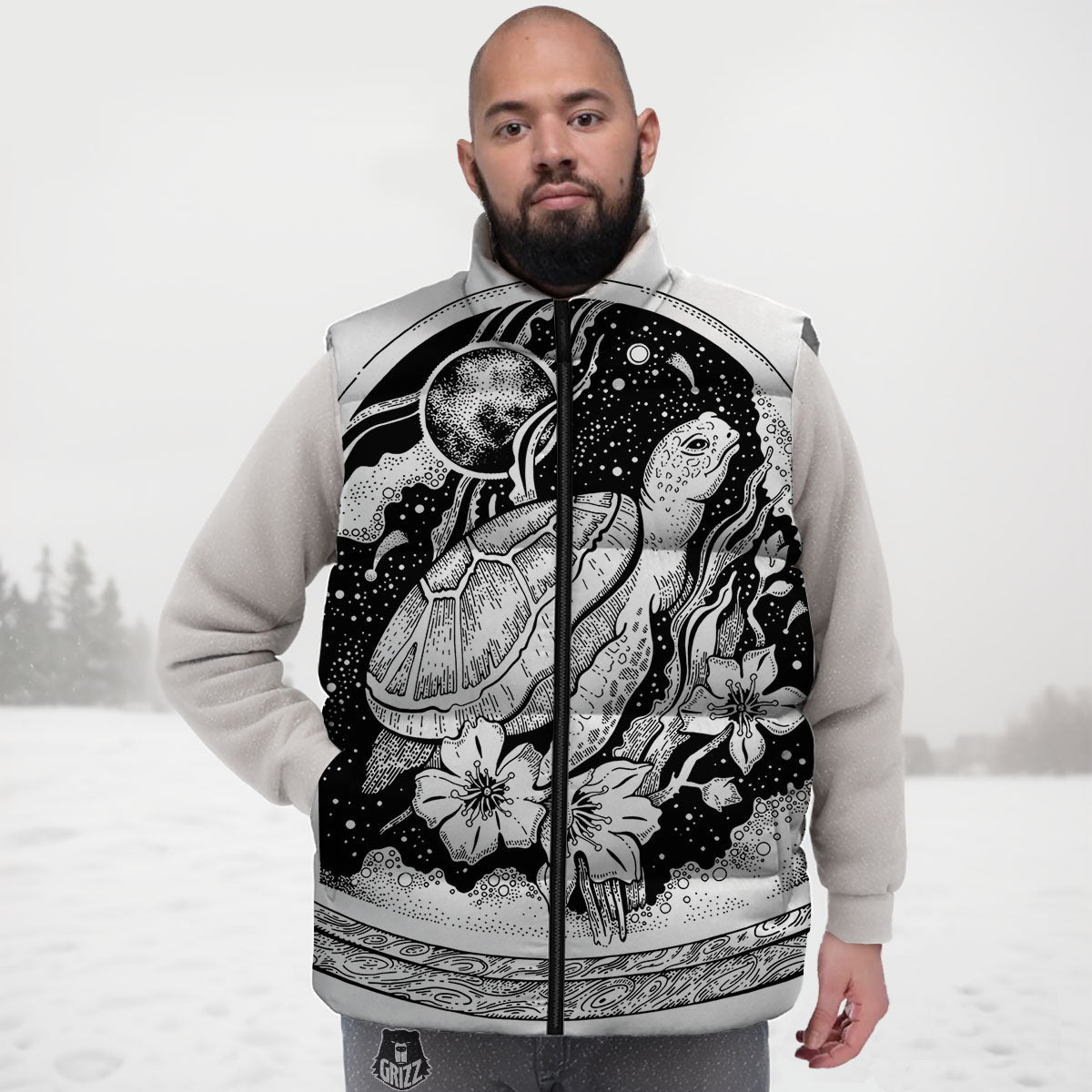 Turtle Sea Zentangle Print Down Vest-grizzshop