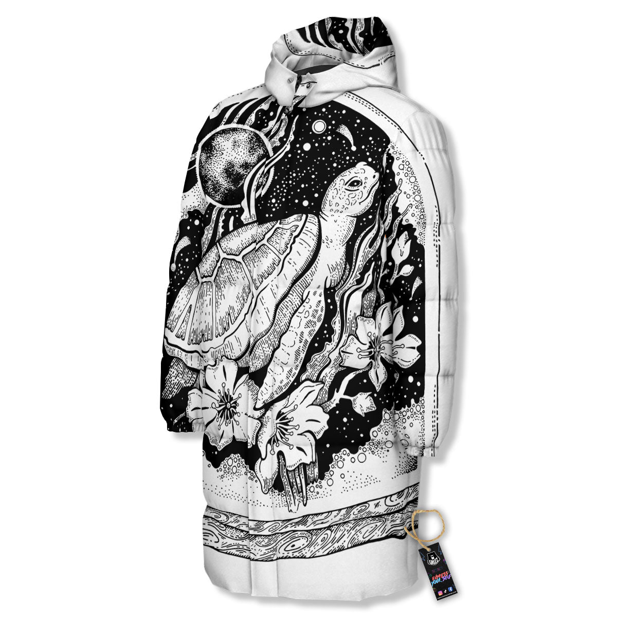 Turtle Sea Zentangle Print Long Down Jacket-grizzshop