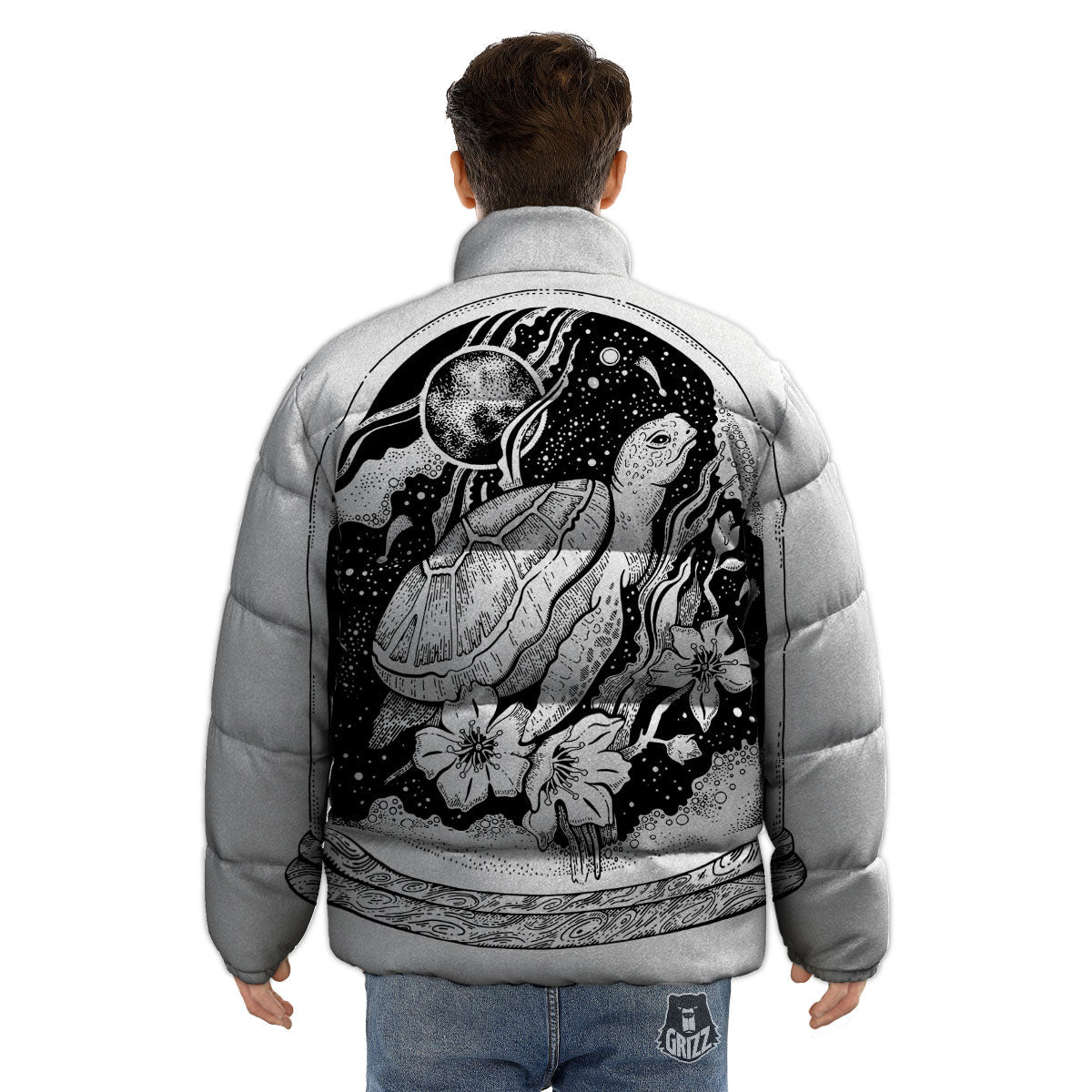 Turtle Sea Zentangle Print Puffer Jacket-grizzshop