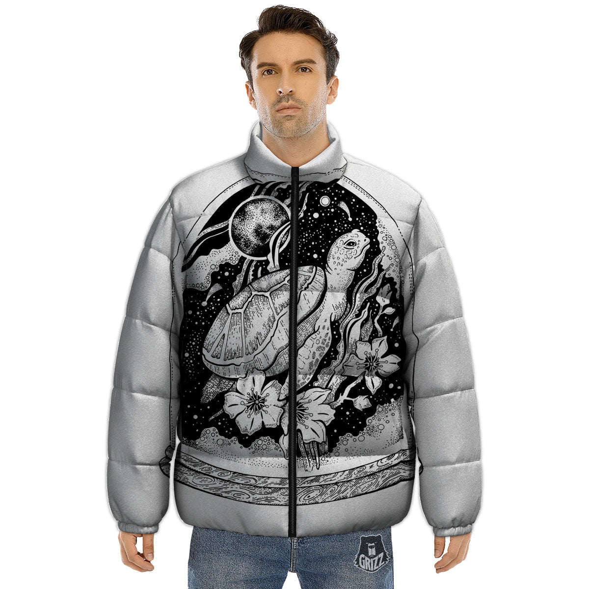 Turtle Sea Zentangle Print Puffer Jacket-grizzshop