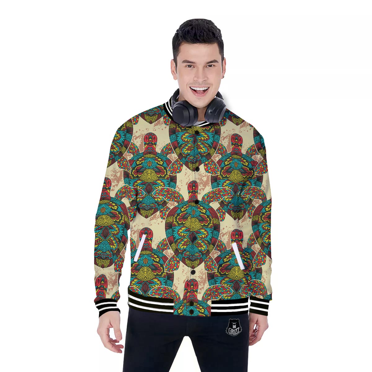 Turtle Tribal Sea Print Pattern Baseball Jacket-grizzshop