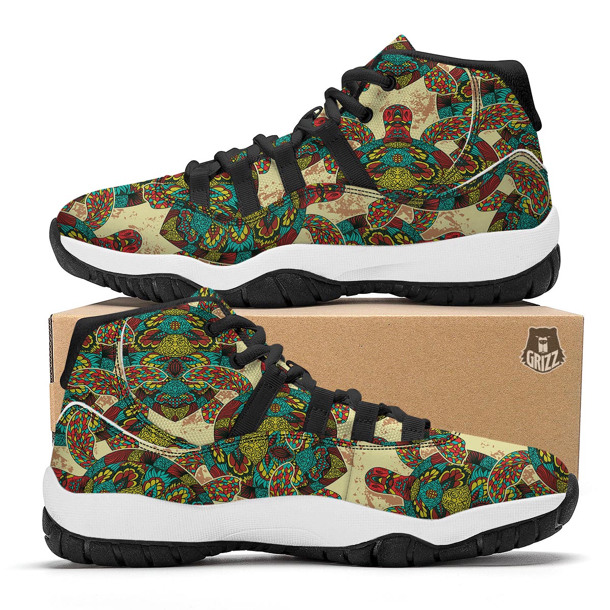 Turtle Tribal Sea Print Pattern Black Bball Shoes-grizzshop