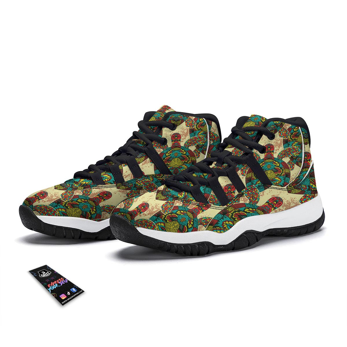 Turtle Tribal Sea Print Pattern Black Bball Shoes-grizzshop