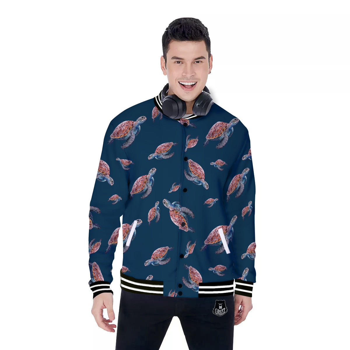 Turtle Watercolor Print Pattern Baseball Jacket-grizzshop