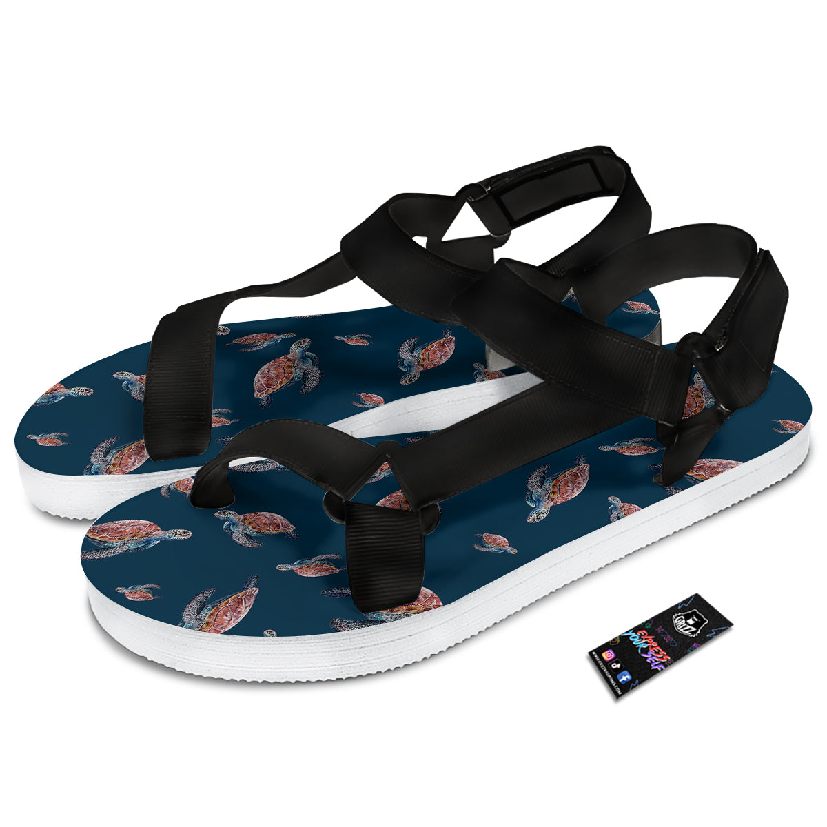 Turtle Watercolor Print Pattern Black Open Toe Sandals-grizzshop