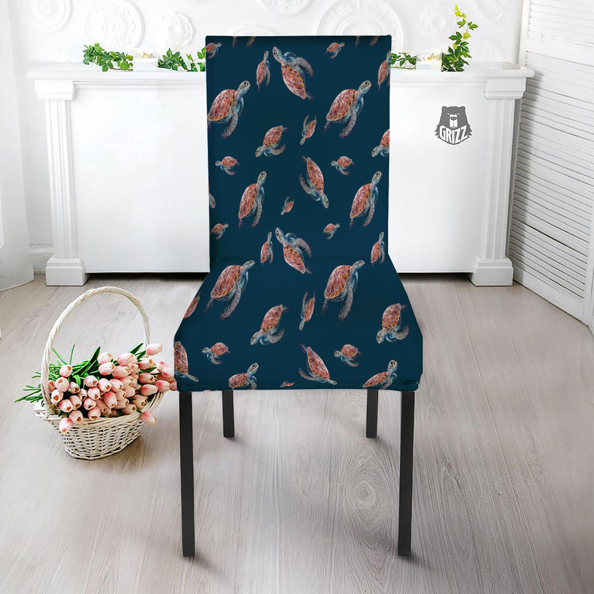 Turtle Watercolor Print Pattern Dining Chair Slipcover-grizzshop