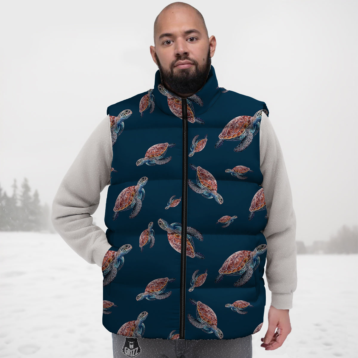 Turtle Watercolor Print Pattern Down Vest-grizzshop