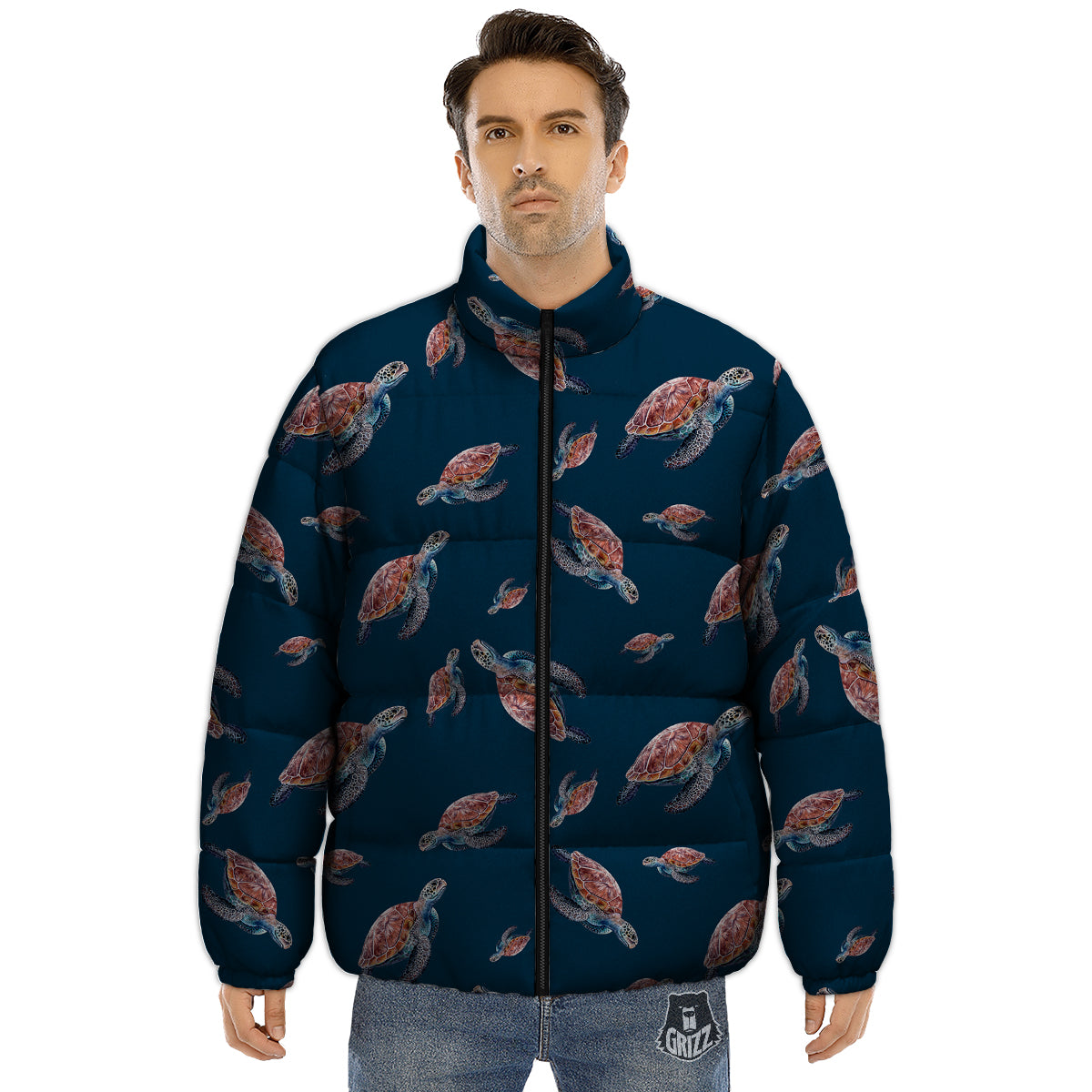 Turtle Watercolor Print Pattern Puffer Jacket-grizzshop