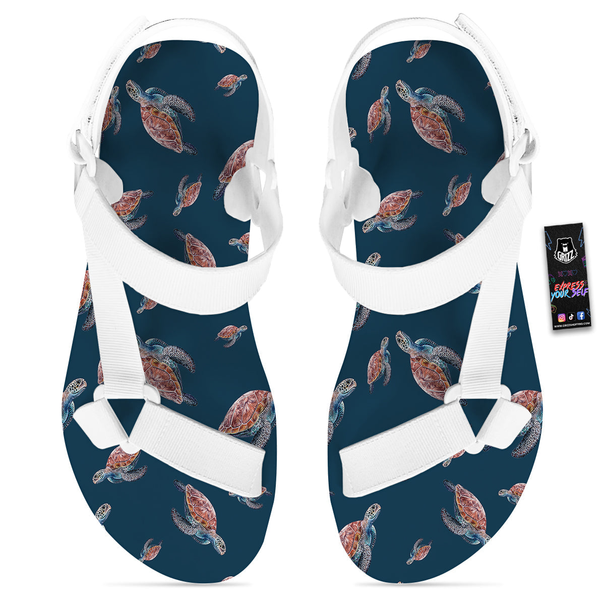 Turtle Watercolor Print Pattern White Open Toe Sandals-grizzshop