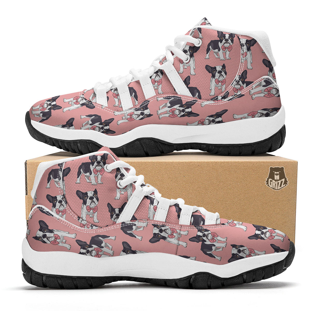 Tuxedo Bulldog Pattern Print White Bball Shoes-grizzshop