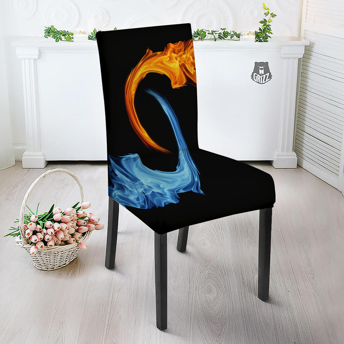 Twin Flame Blue And Red Print Dining Chair Slipcover-grizzshop