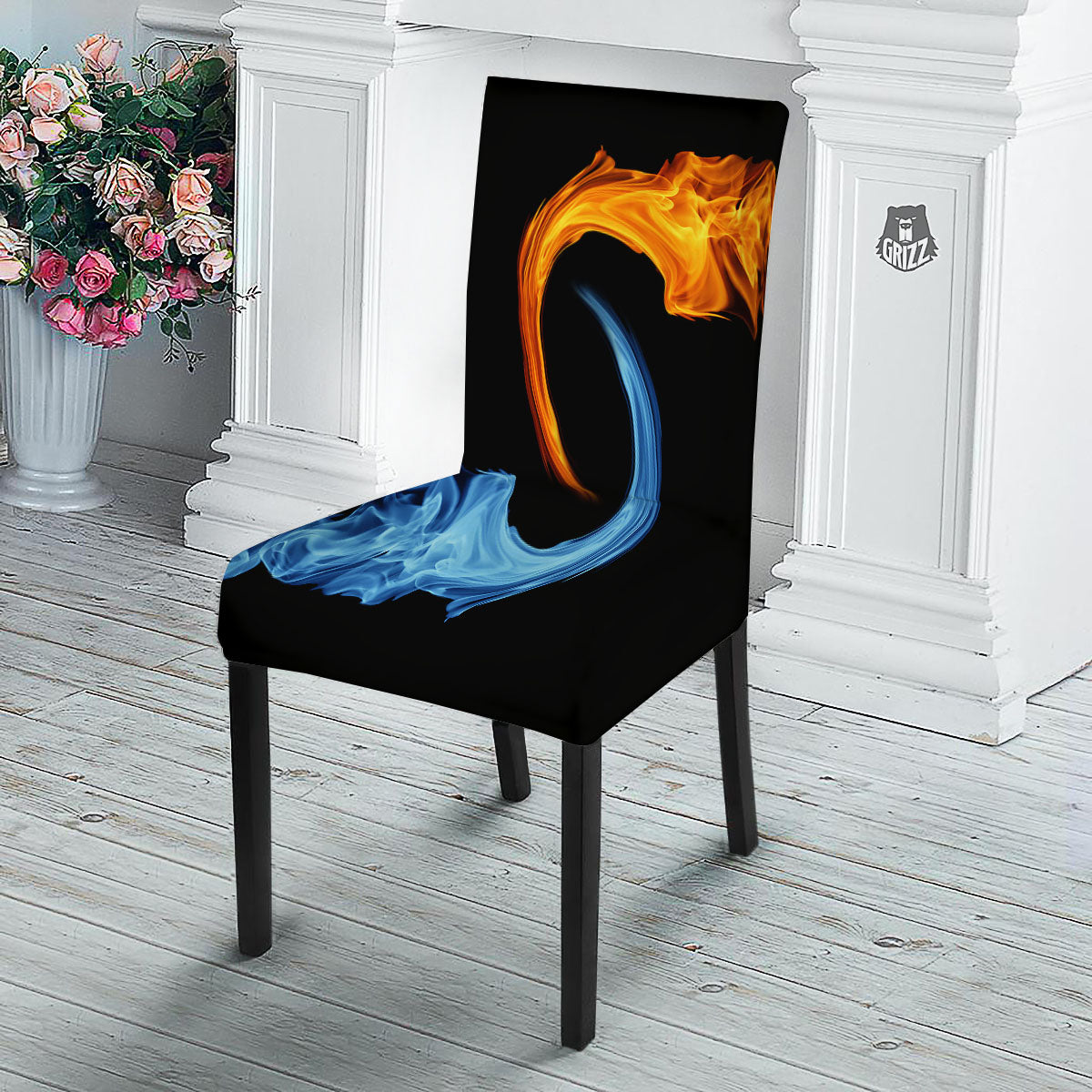 Twin Flame Blue And Red Print Dining Chair Slipcover-grizzshop