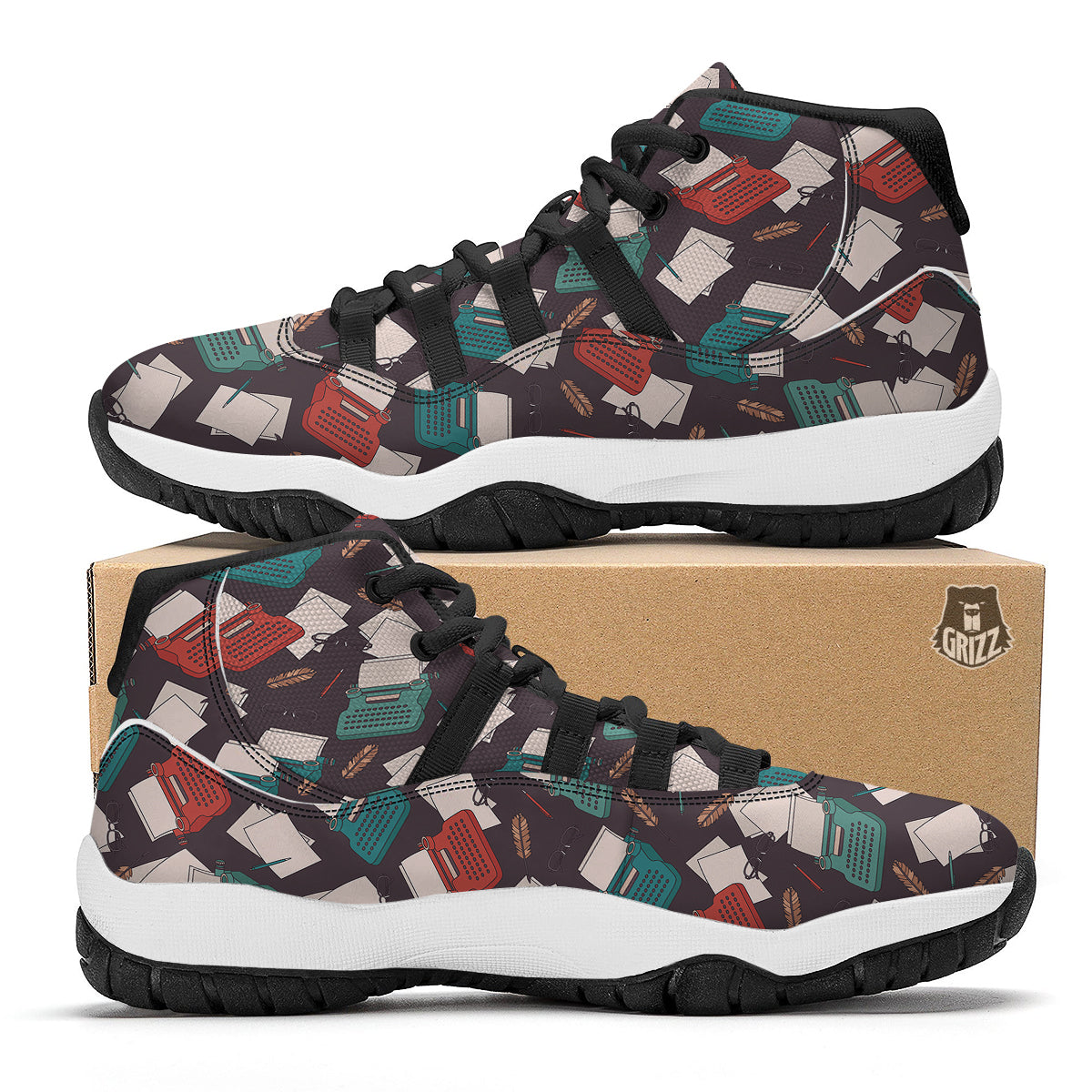 Typewriter Print Pattern Black Bball Shoes-grizzshop