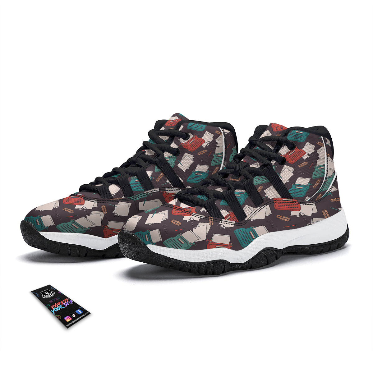 Typewriter Print Pattern Black Bball Shoes-grizzshop