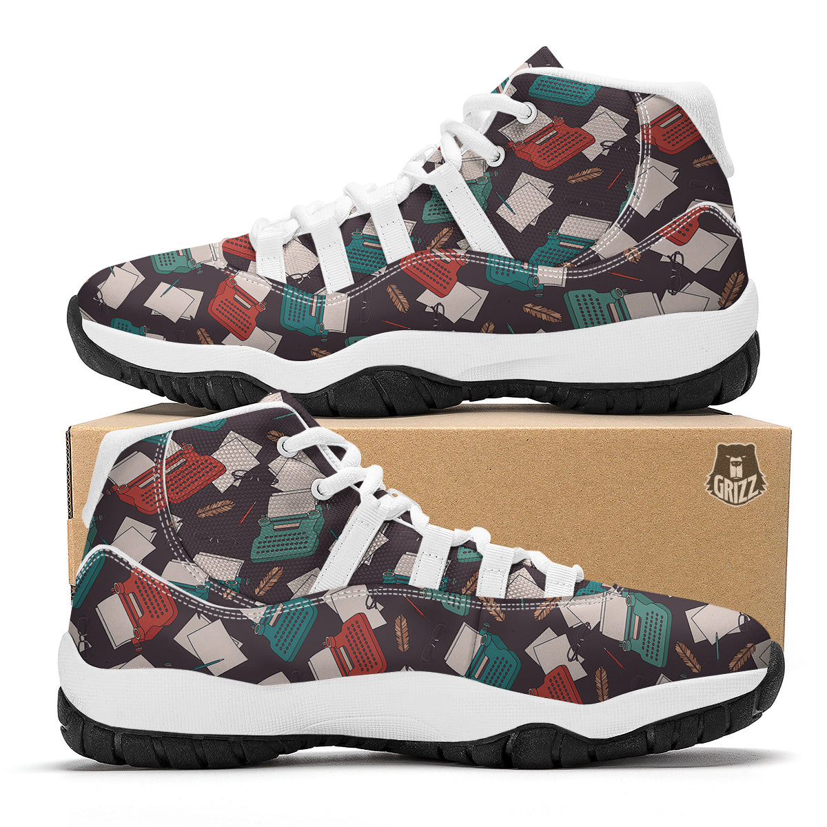 Typewriter Print Pattern White Bball Shoes-grizzshop