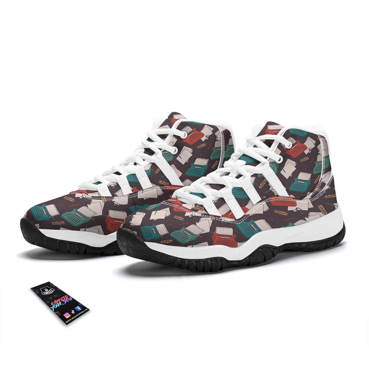 Typewriter Print Pattern White Bball Shoes-grizzshop