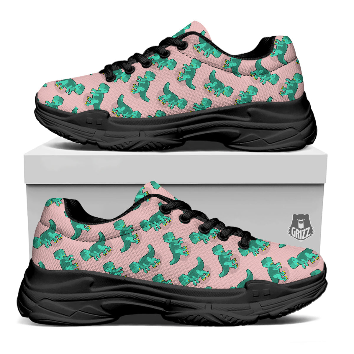 Tyrannosaurus Isometric Print Pattern Black Chunky Shoes-grizzshop