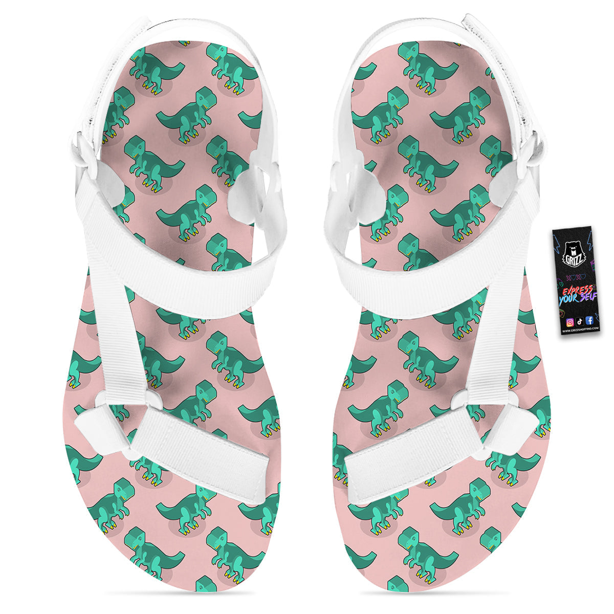 Tyrannosaurus Isometric Print Pattern White Open Toe Sandals-grizzshop
