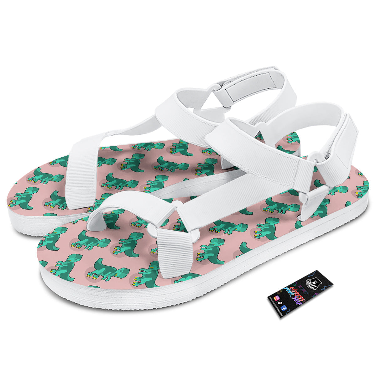 Tyrannosaurus Isometric Print Pattern White Open Toe Sandals-grizzshop