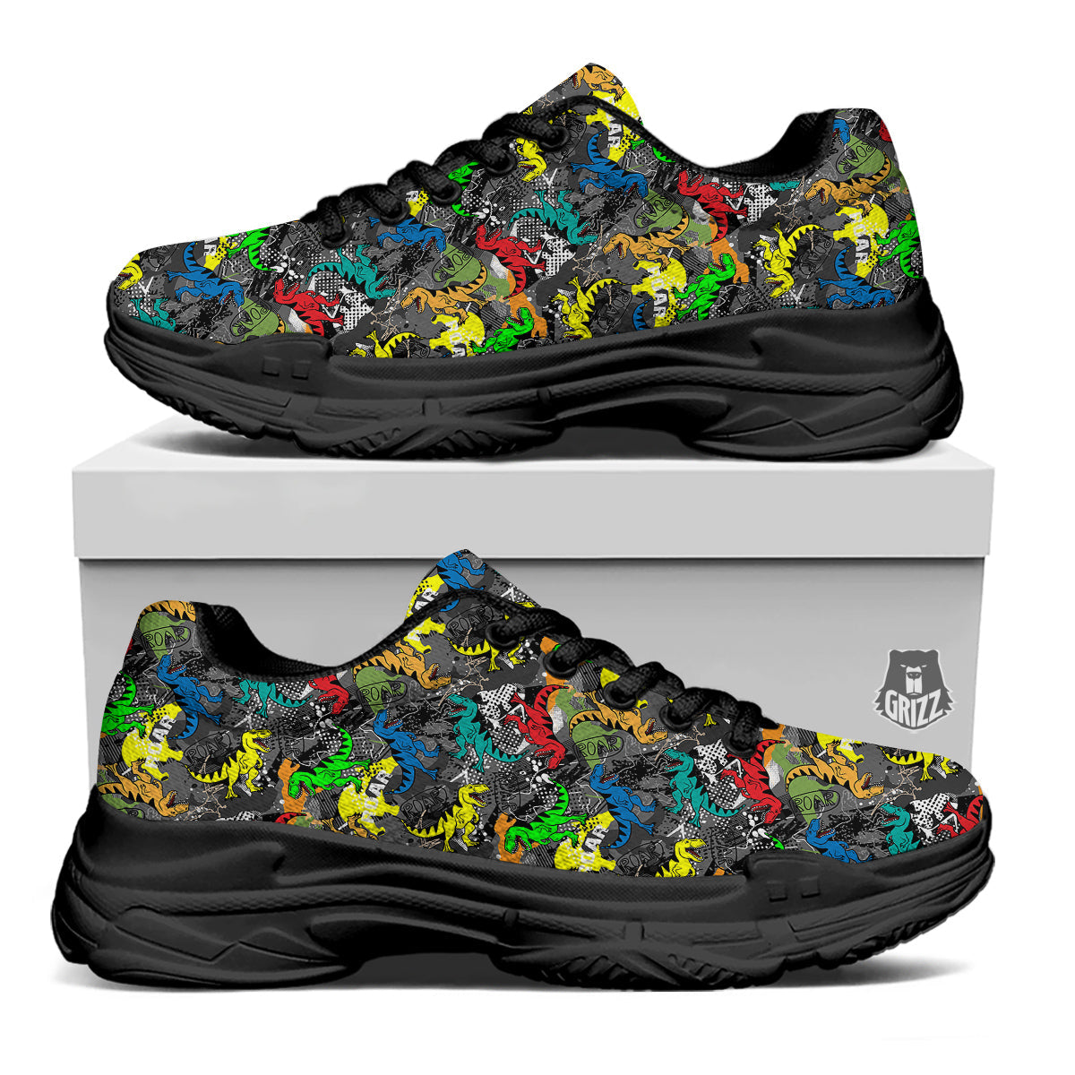 Tyrannosaurus Rex Colorful Print Black Chunky Shoes-grizzshop