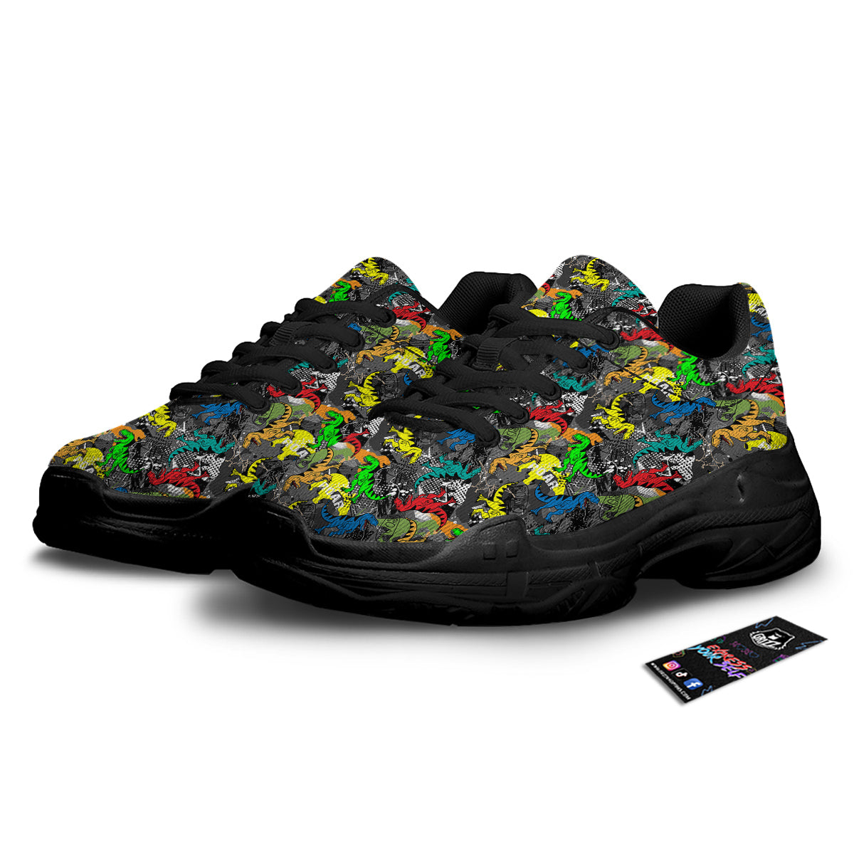 Tyrannosaurus Rex Colorful Print Black Chunky Shoes-grizzshop