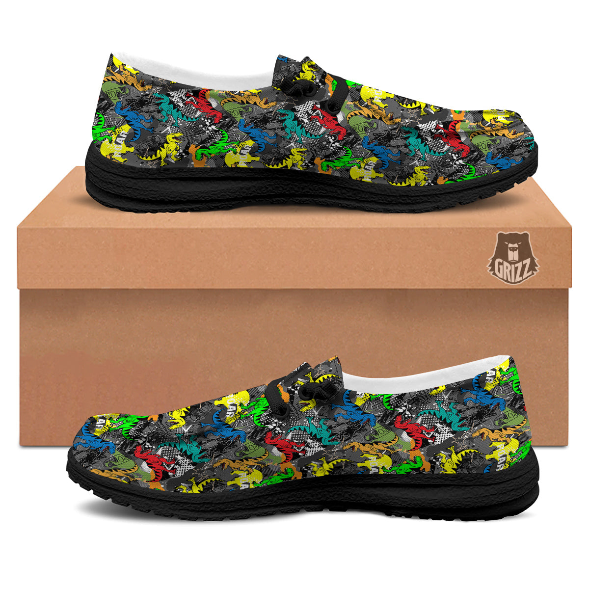 Tyrannosaurus Rex Colorful Print Black Loafers-grizzshop