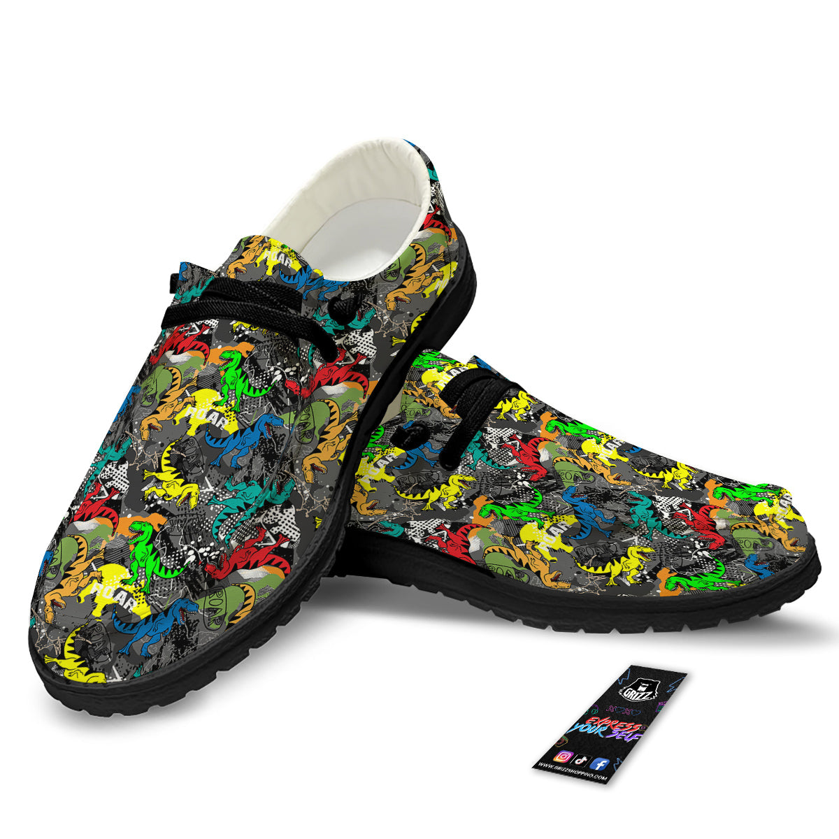 Tyrannosaurus Rex Colorful Print Black Loafers-grizzshop