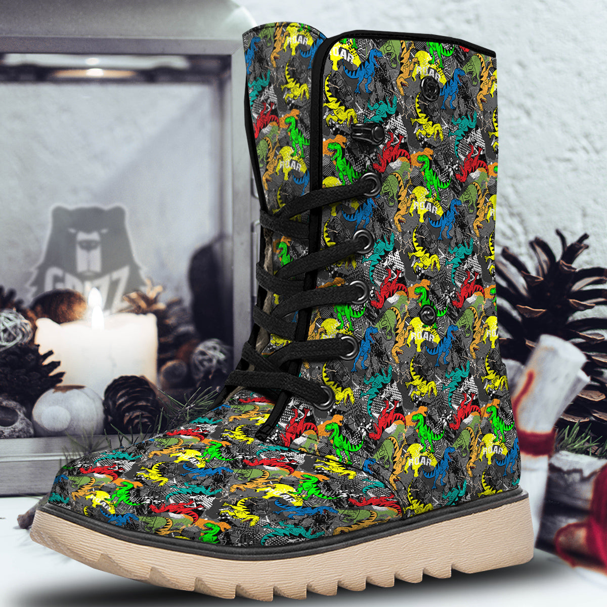 Tyrannosaurus Rex Colorful Print Snow Boots-grizzshop
