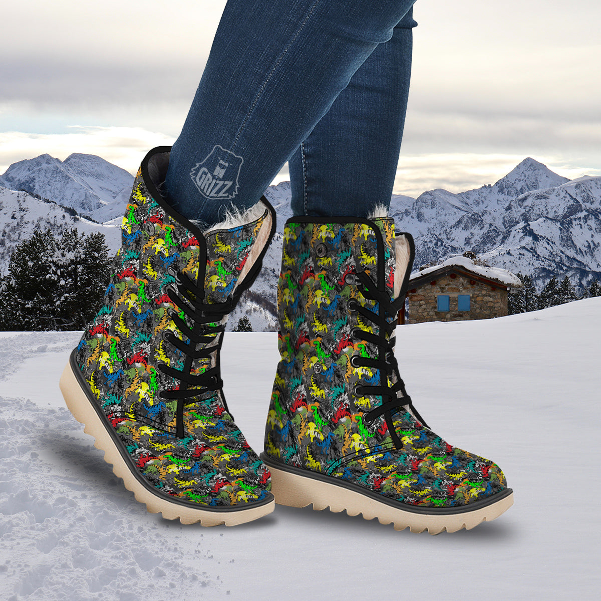 Tyrannosaurus Rex Colorful Print Snow Boots-grizzshop