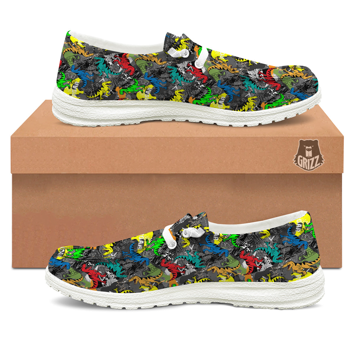 Tyrannosaurus Rex Colorful Print White Loafers-grizzshop