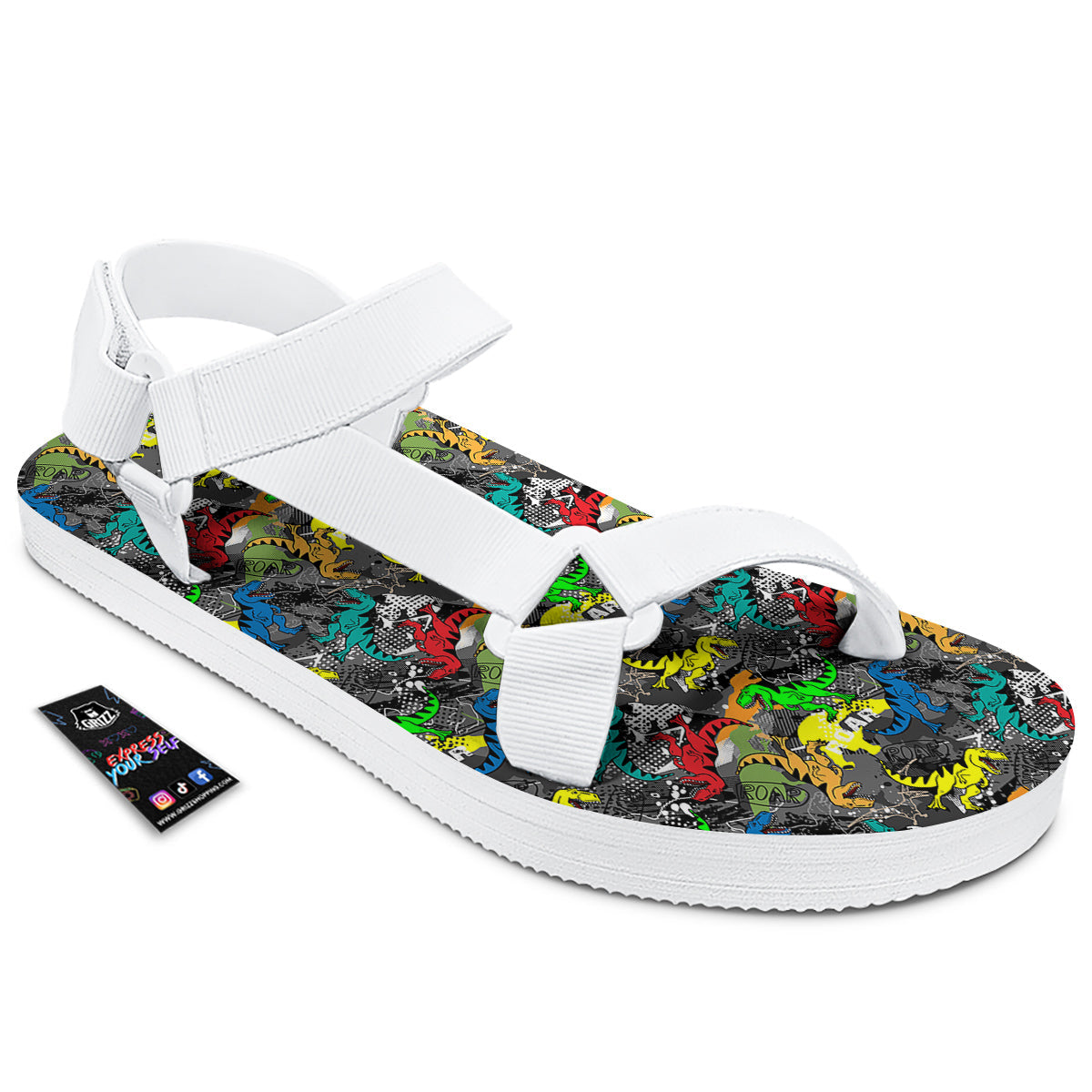 Tyrannosaurus Rex Colorful Print White Open Toe Sandals-grizzshop
