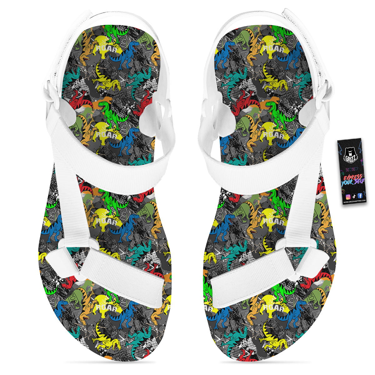 Tyrannosaurus Rex Colorful Print White Open Toe Sandals-grizzshop